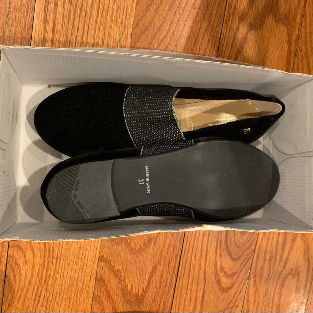 Brand New Black Suede Flats with Silver Strap